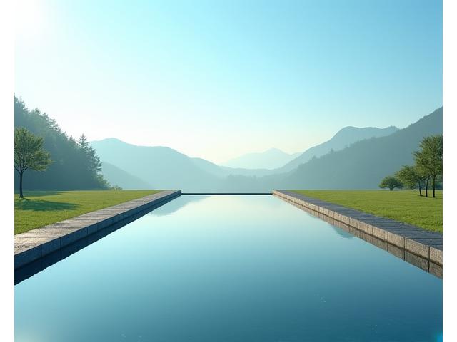 完全に平らな水面が空と周囲の風景を鏡のように映し出すリフレクティングプール。水面には薄い霧が漂っている