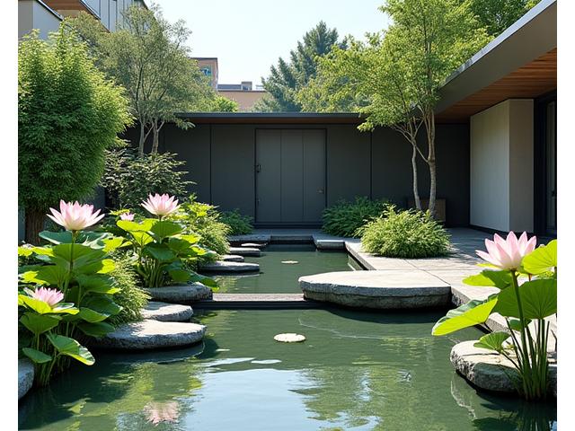 東京のモダンな住宅の庭に設置された、蓮の花が咲く美しい小さな池。周囲には丁寧に手入れされた植物が配置されている