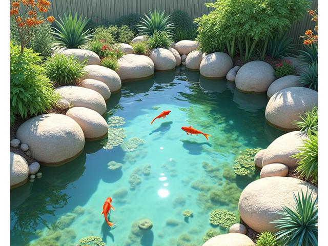 日本の小学校の庭に作られた、子供たちが観察できる透明な池。水生植物と小魚が見える