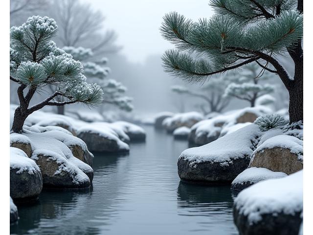 雪が薄く積もった冬の日本庭園の水景。水の流れは凍りつかず、周囲の松の木と石が調和し、静謐な美しさを醸し出している
