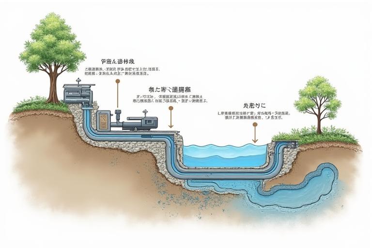地下の配管とポンプ、フィルターシステムが精巧に描かれた水景の断面図。水が循環し、浄化される様子が示されている