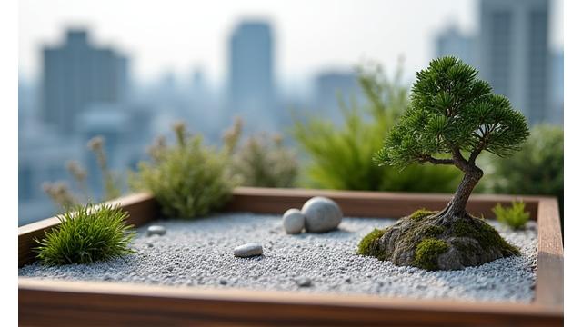 東京のアパートメントのバルコニーに設置された小さな禅庭園