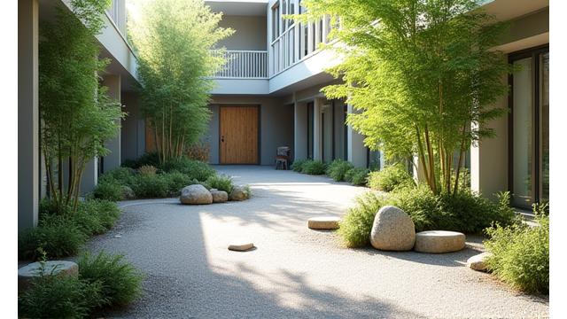 医療施設の静かな中庭にある治療効果のある禅庭園