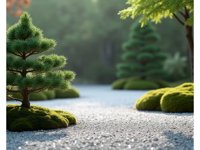 慎重に選ばれた常緑植物が配置された禅庭園