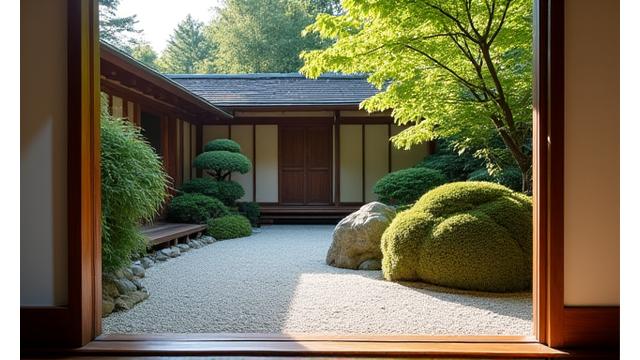 伝統的な日本家屋の私邸にある美しい禅庭園