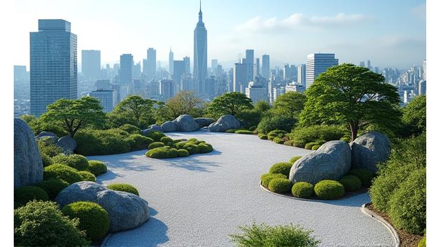 都会の屋上に広がる広々とした禅庭園