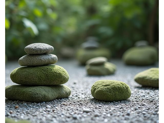 苔むした瞑想的な石が配置された禅庭園
